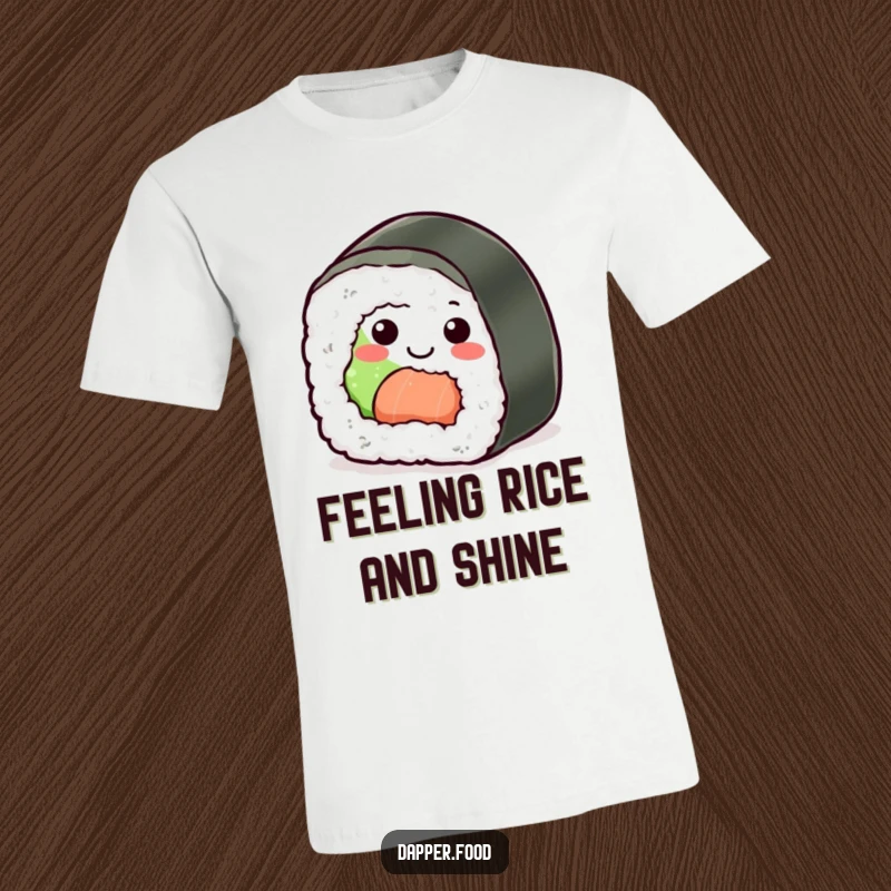 Funny Sushi Roll T-Shirt: A smiling sushi character in a playful rolling motion, radiating happiness and foodie fun.