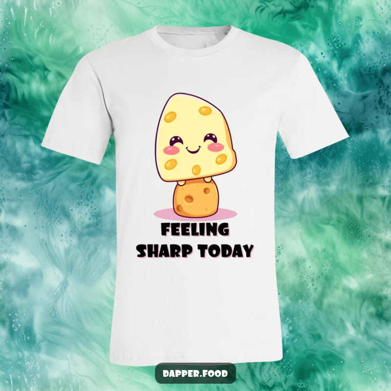 Funny Kawaii cheese character sports a big grin while balanced on a cracker, featured on a humorous t-shirt.