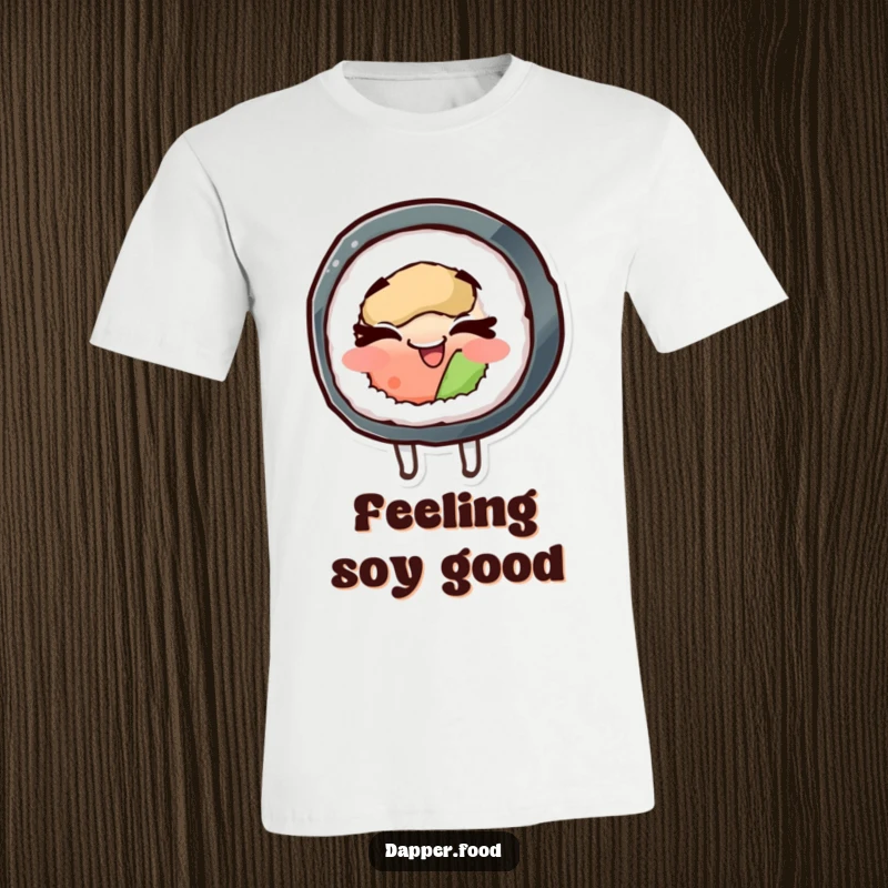 Funny t-shirt showing a happy sushi roll character spinning with eyes closed, radiating contentment and fun.