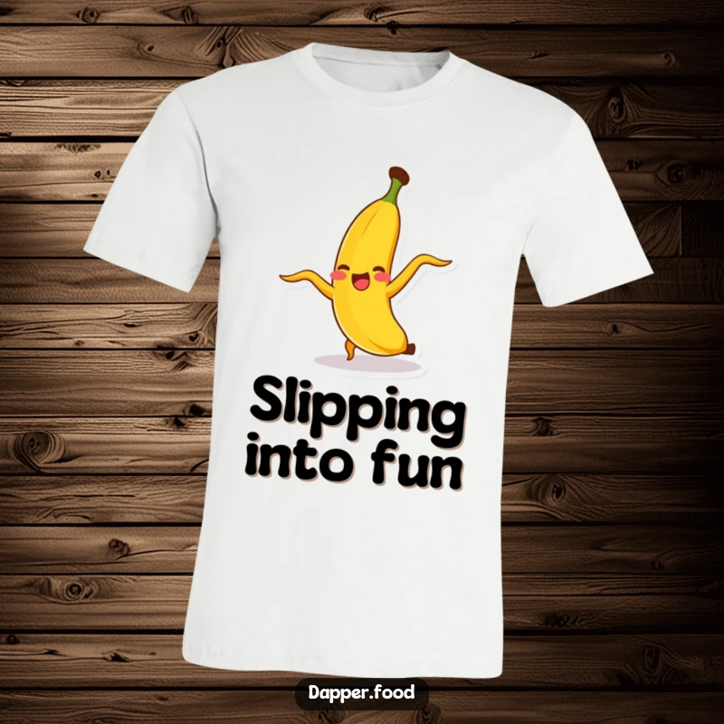 Funny banana character mid-cartwheel, peel flying, on a comfortable t-shirt, radiating pure joy and silliness.
