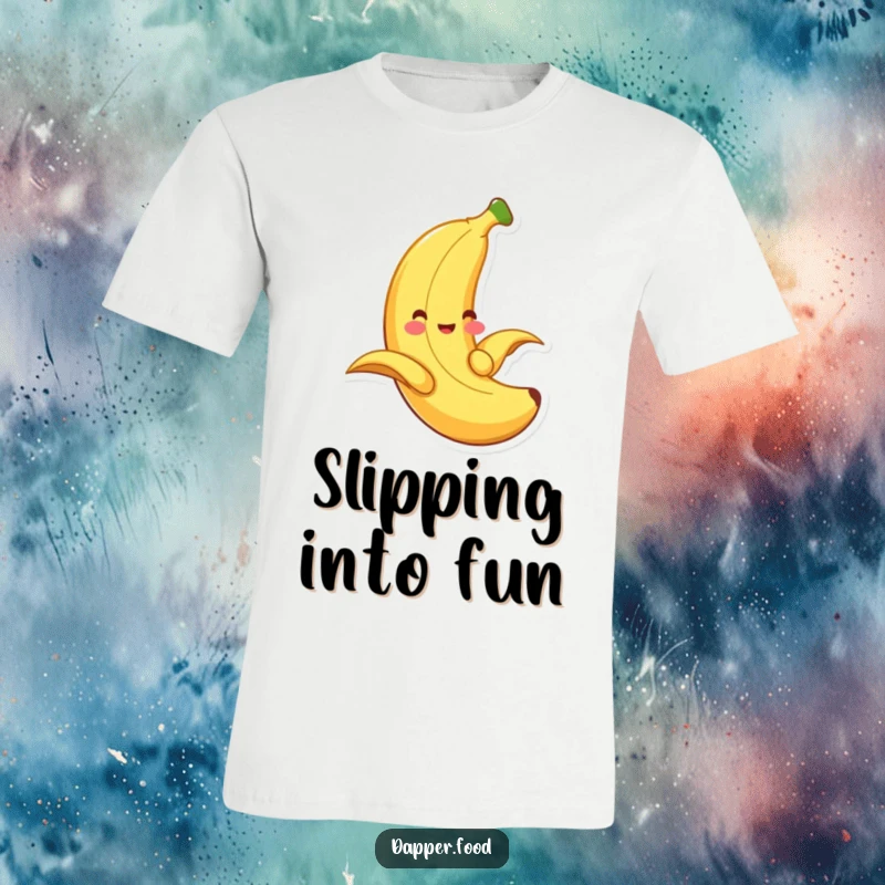 Funny banana t-shirt, a smiling fruit having a blast sliding down its own peel, full of glee.