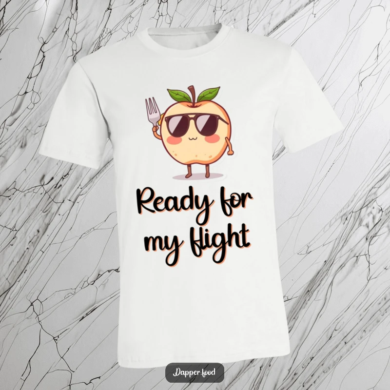Funny t-shirt featuring a blushing apple character with legs and wings, attempting flight with a ribbon, embodying playful aspiration.