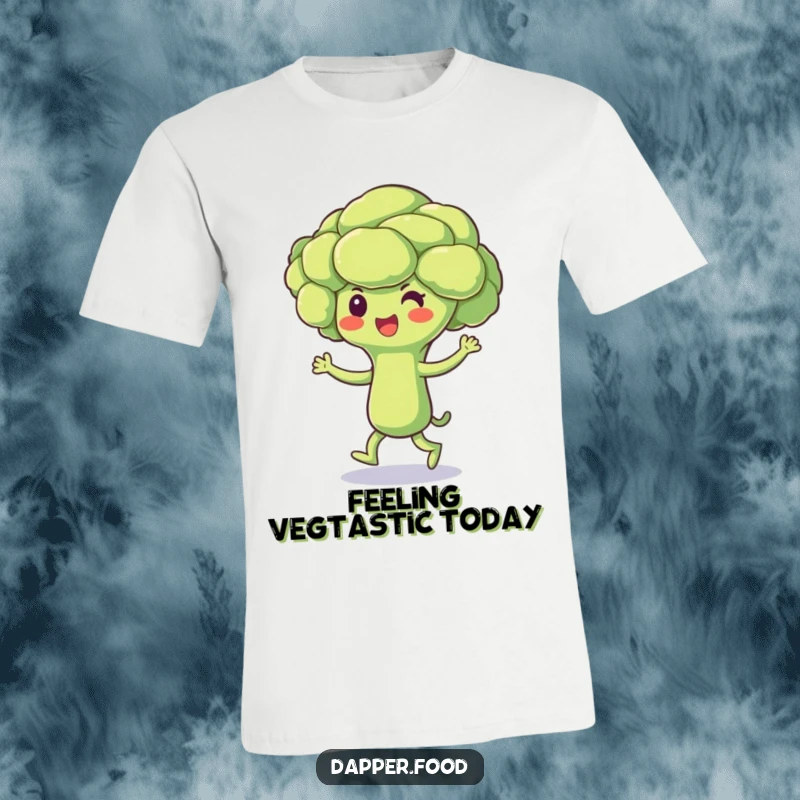 Funny Broccoli T-Shirt showcasing a beaming broccoli floret character doing a cheerful little jig, perfect for spreading healthy humor and smiles.