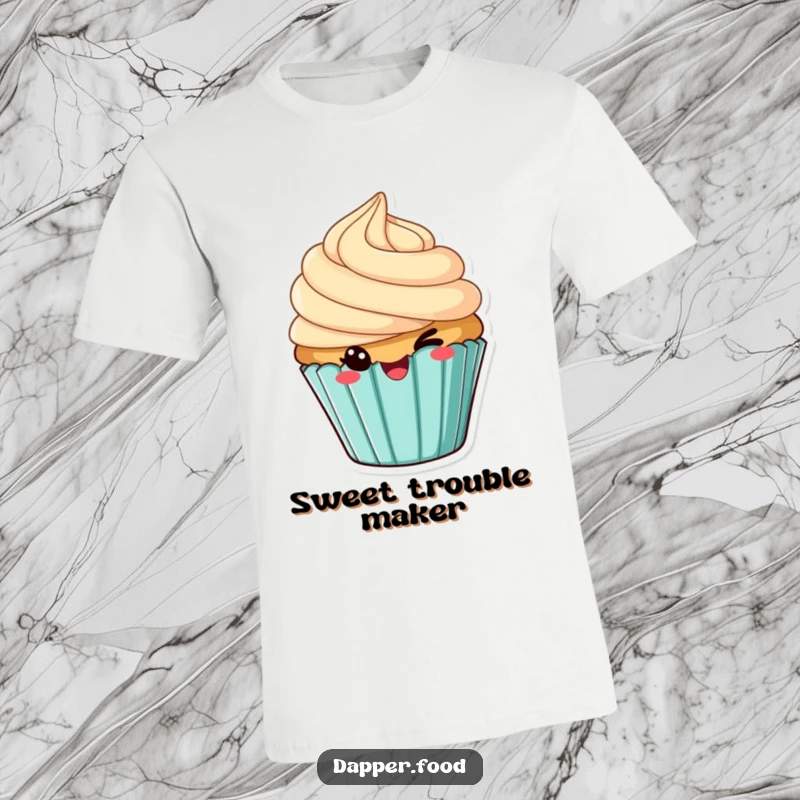 Funny t-shirt featuring a cheeky cupcake with tilted frosting, winking with a playful expression.