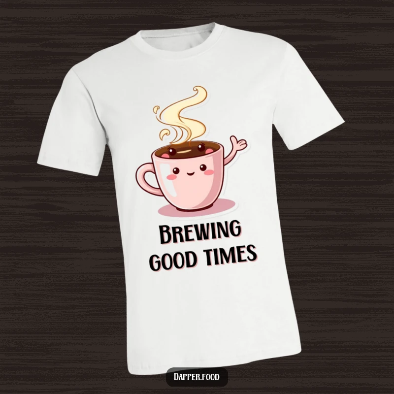 Funny Coffee Cup T-Shirt featuring a charming character with swirling steam, waving, designed for coffee lovers who appreciate humor.