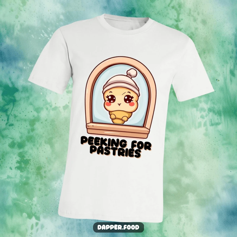 Funny t-shirt featuring a curious croissant character with eyes and a tiny hat, peeking from a bakery window, celebrating baked goods.