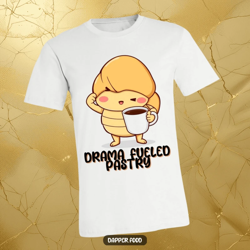 Funny t-shirt graphic of a confident croissant striking a dramatic pose, holding a miniature coffee cup aloft, exuding morning determination.