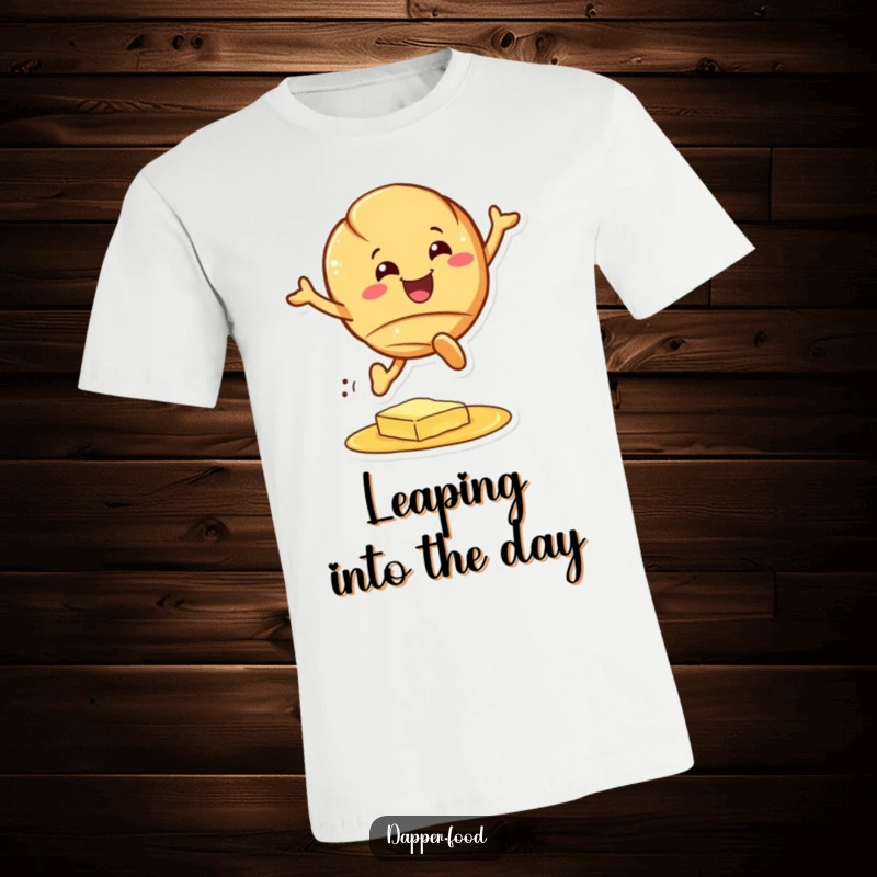 Funny croissant t-shirt, a happy pastry character mid-leap over a butter puddle, showcasing pure joy, ideal funny gift.