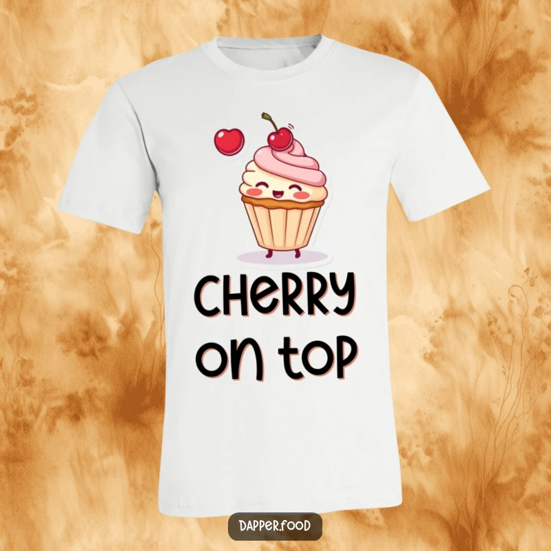 Funny T-shirt graphic of a blushing cupcake character adorably tossing a cherry into the air with a happy, playful demeanor.