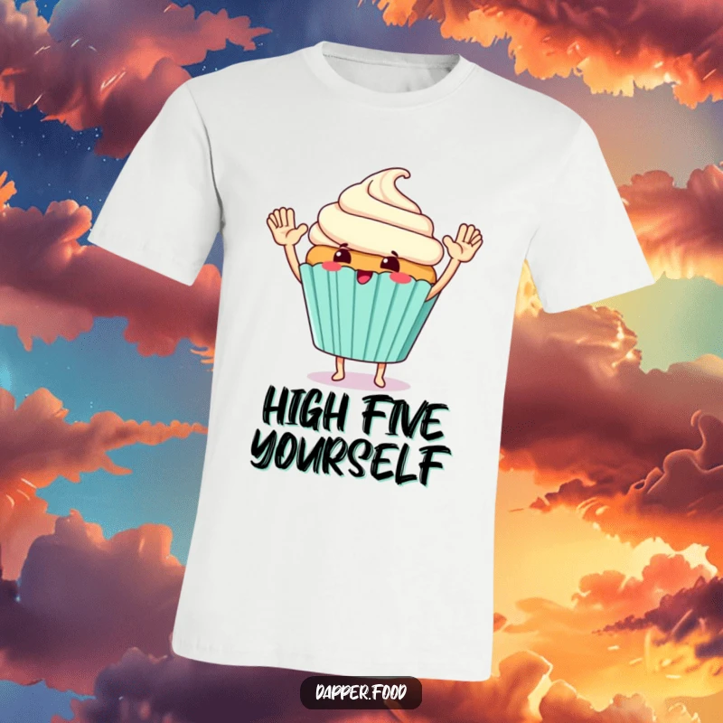 Funny T-Shirt with a giggling cupcake character giving a giant high-five with tiny arms.