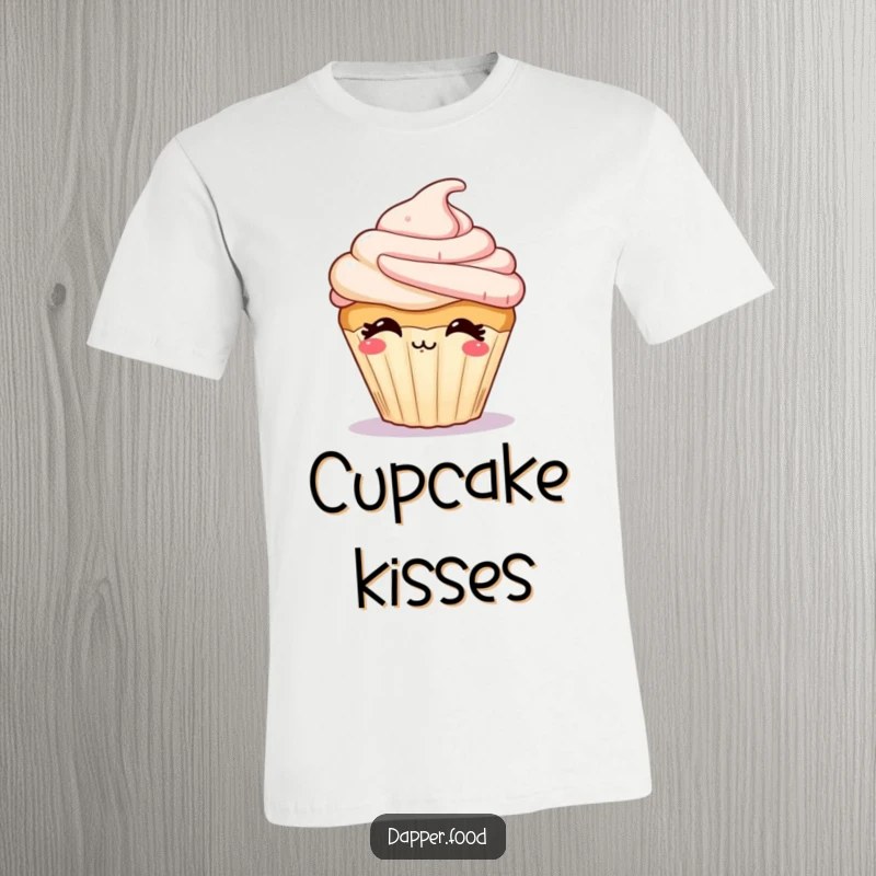 Funny t-shirt showing a giggling cupcake with frosting sending a kiss, radiating sweetness and joy.