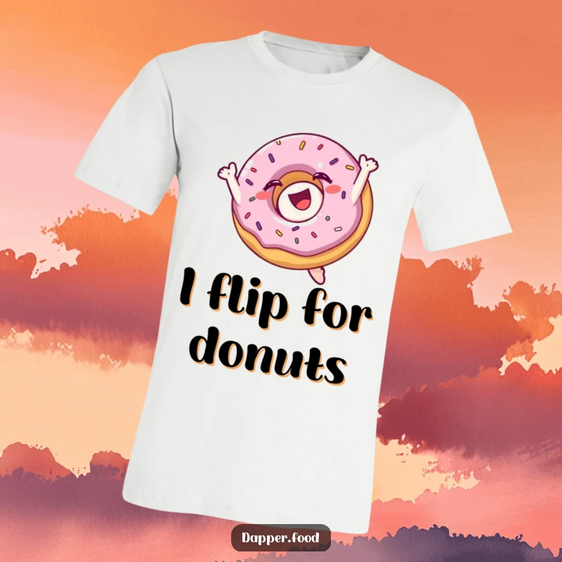 Funny t-shirt featuring a delighted donut with sprinkles doing an enthusiastic mid-air flip, radiating pure fun.