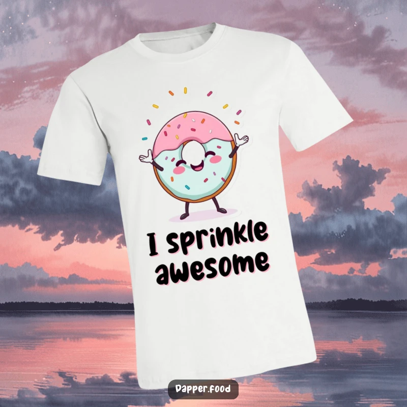 Funny donut t-shirt with a cheerful donut character juggling bright sprinkles, a fun and colorful food design.