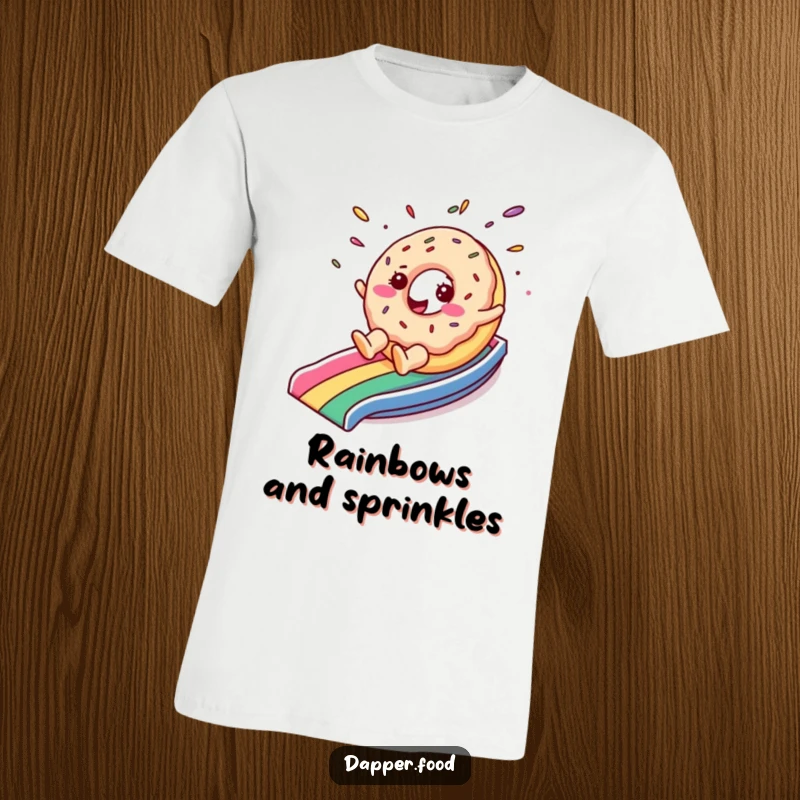 Funny t-shirt depicting a cheerful donut character with sprinkles flying as it slides down a rainbow, a fun and whimsical design.