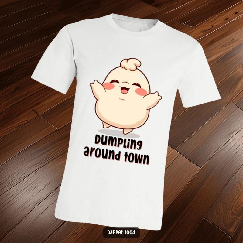 Funny Dumpling T-Shirt: A plump, giggling dumpling character bouncing with delight, radiating pure happiness.