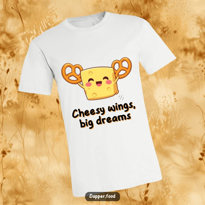 Funny cheese t-shirt, a delighted wedge attempting flight with pretzel wings, conveying pure, silly joy.