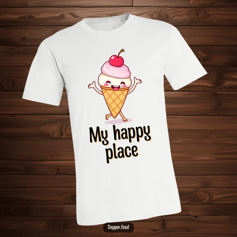 Funny ice cream cone t-shirt with a cherry on top dancing a jig, conveying pure, unadulterated joy and silliness. A great funny gift.