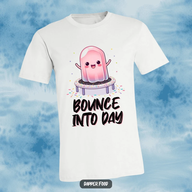 Funny t-shirt featuring a wobbly jelly gleefully bouncing on a vibrant trampoline made of colorful sprinkles, full of energy.
