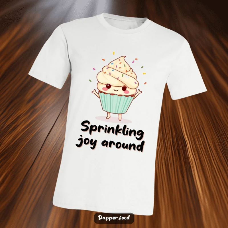 Funny Kawaii cupcake t-shirt showing a cute character dancing with sprinkles flying.