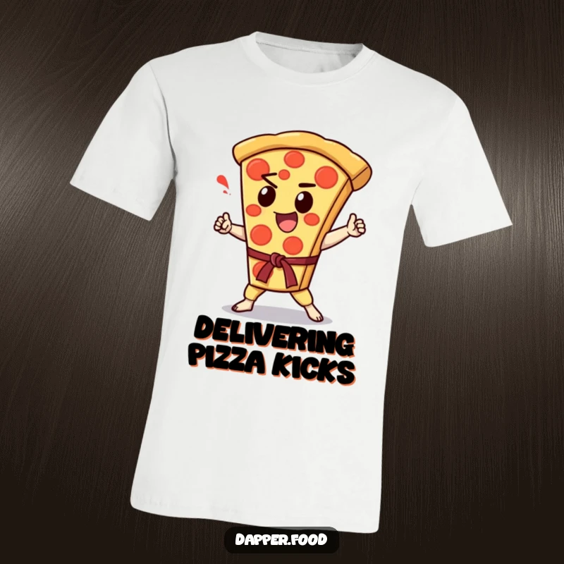 Funny Kawaii pizza slice character performing an enthusiastic karate chop, featured on a humorous t-shirt.