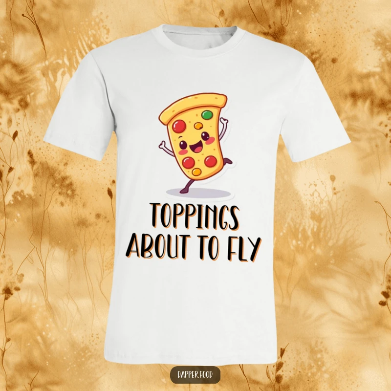 Funny t-shirt depicting a happy pizza character attempting a cartwheel with wobbling toppings, perfect for pizza enthusiasts.