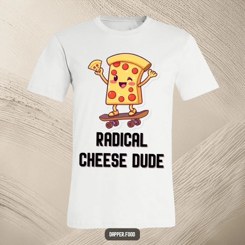 Funny T-shirt print of a cheerful pizza slice character skillfully balancing on a skateboard, one slice triumphantly raised.