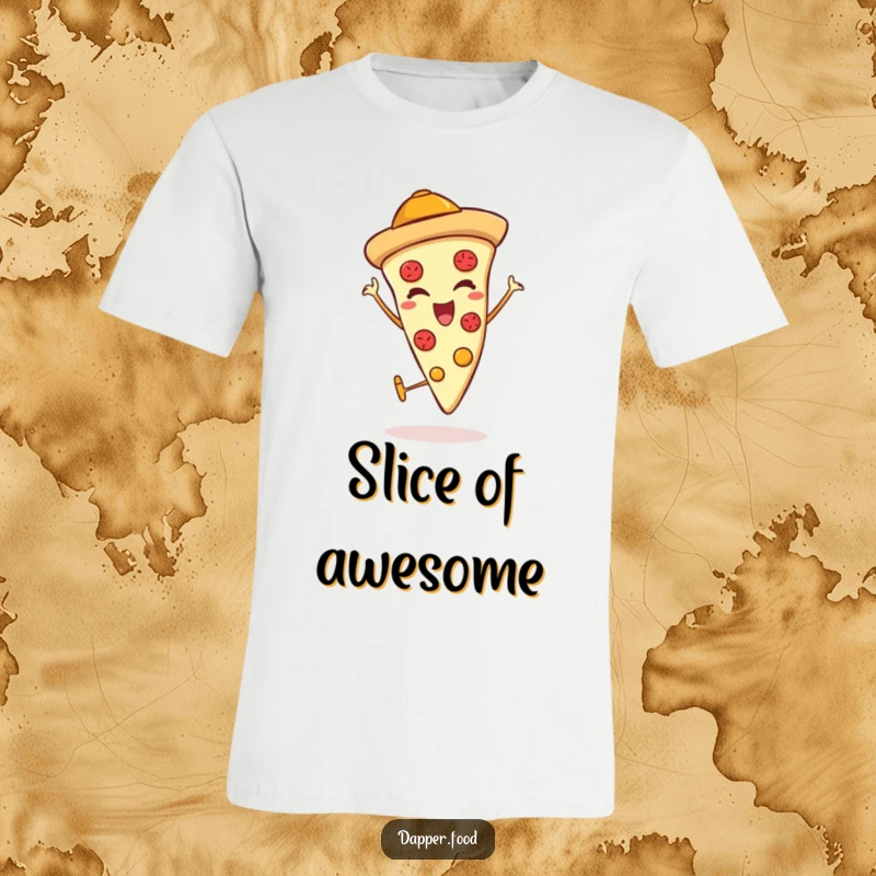 Funny t-shirt featuring a pizza slice character in a hat, winking and giving a big thumbs up, radiating cheesy positivity.
