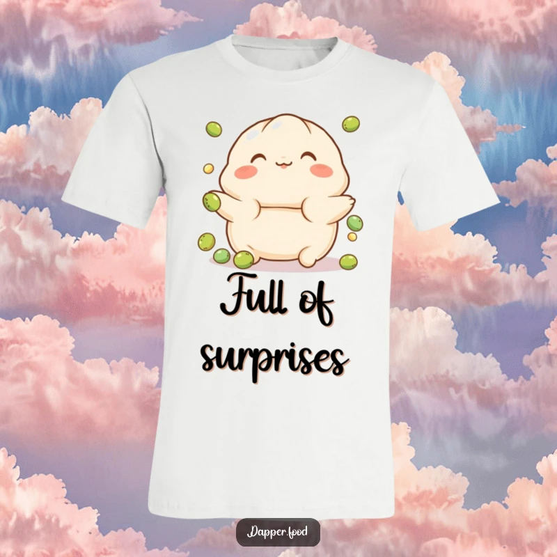 Funny t-shirt featuring a playful, rosy-cheeked dumpling character juggling small peas, a cute and humorous gift.