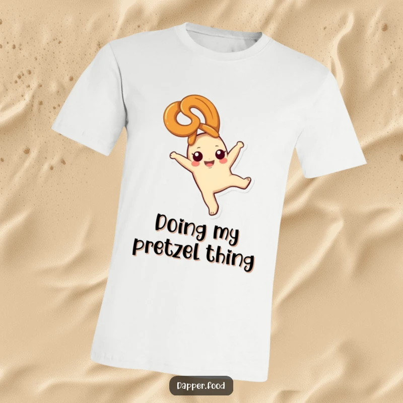 Funny pretzel t-shirt, a happy snack character performing a joyful cartwheel, pure bliss captured, great funny gift.