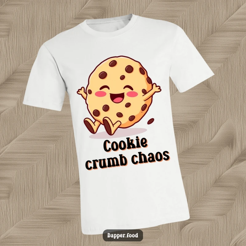 Funny t-shirt depicting a giggling cookie character with chocolate chips rolling downhill joyfully. A sweet and humorous design.