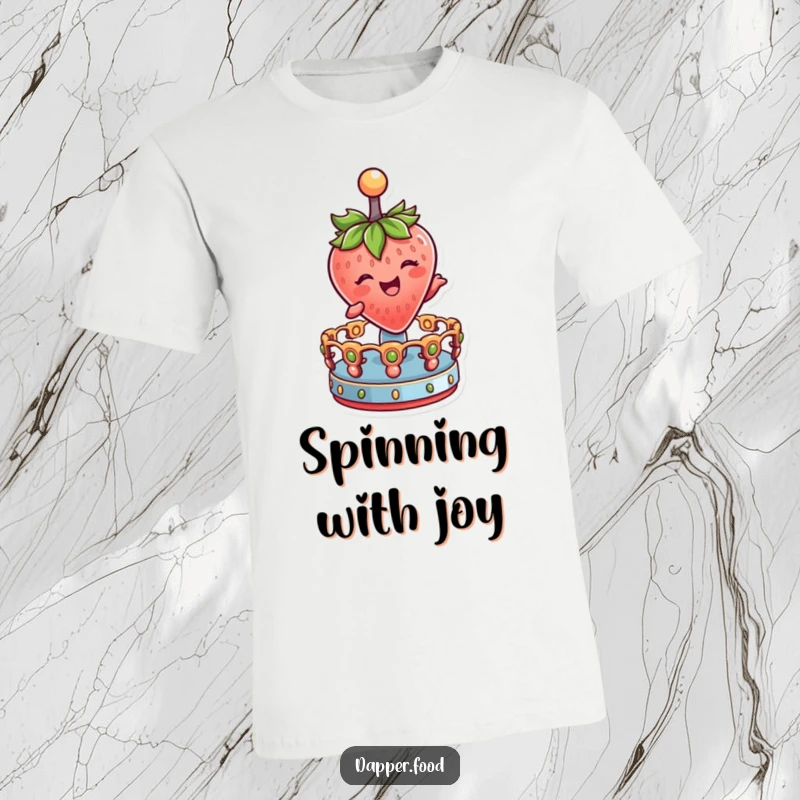 Funny T-Shirt with a delighted strawberry character winking and joyfully spinning on a miniature merry-go-round.