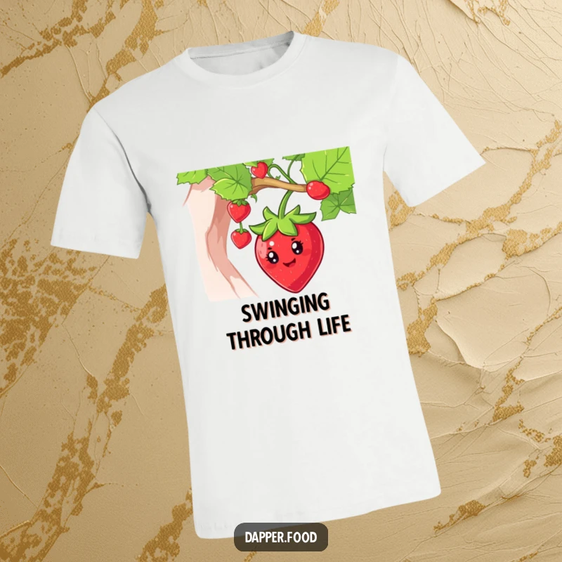 Funny strawberry t-shirt featuring a smiling character swinging from a vine with bright eyes, embodying playful cheer.