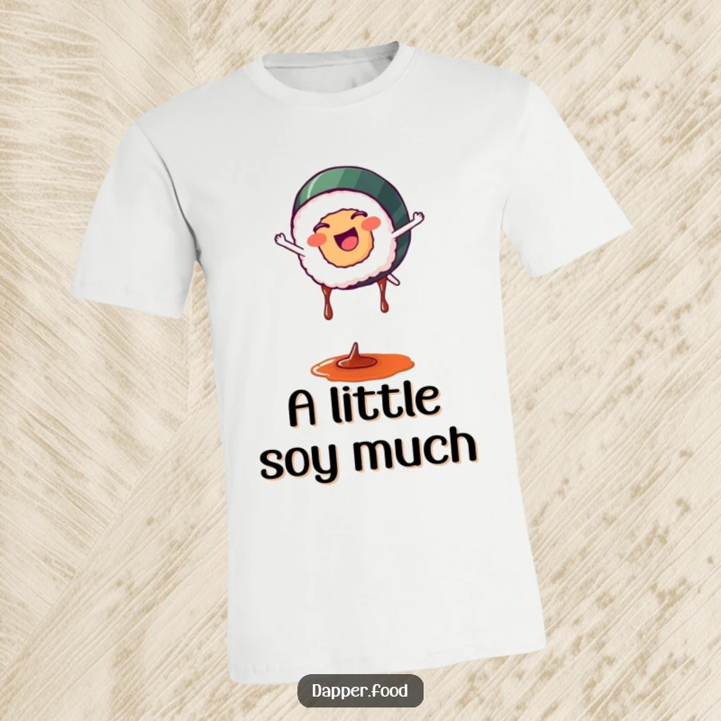 Funny sushi t-shirt depicting a happy sushi roll doing a cartwheel with soy sauce dripping, showcasing energetic and fun food art.
