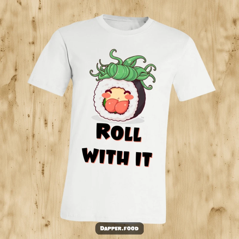Funny t-shirt graphic of a cute sushi roll with stylish seaweed hair, joyfully spinning in delight, embodying playful energy.
