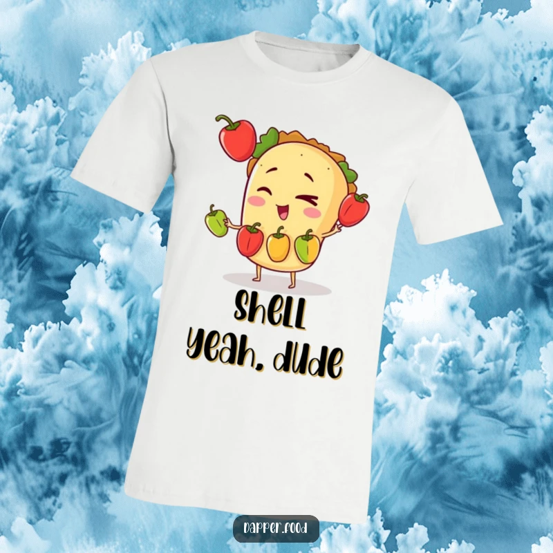 Funny T-shirt graphic of a winking taco character expertly juggling three small bell peppers, embodying culinary multitasking.