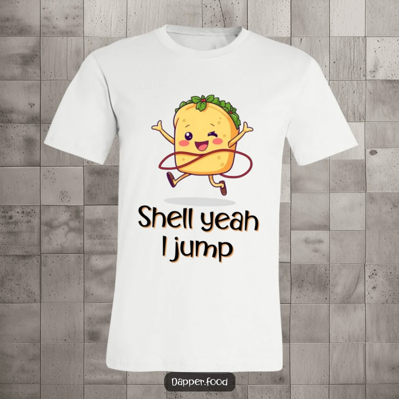 Funny taco character with legs jumping rope with a salsa strand, printed on a t-shirt for a playful, active look.