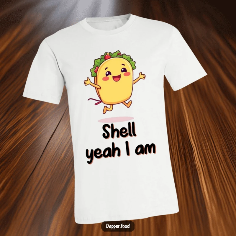 Funny taco t-shirt with a smiling taco character joyfully jumping rope with its own shell, a picture of delicious fun.