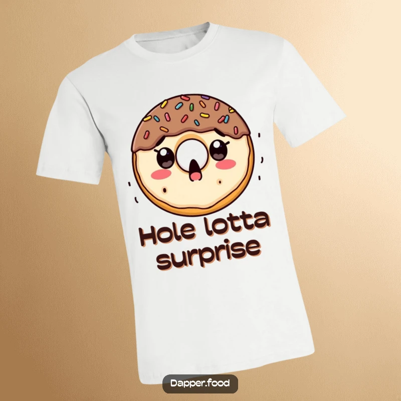 Funny T-shirt graphic of a doughnut character with a shocked expression as colorful sprinkles rain down on its sweet surface.