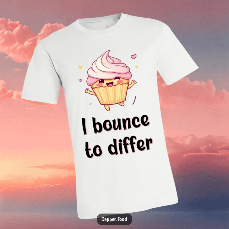 Funny T-Shirt: A cheerful anthropomorphic cupcake character gleefully bouncing with frosting spraying, capturing pure, unadulterated dessert joy.