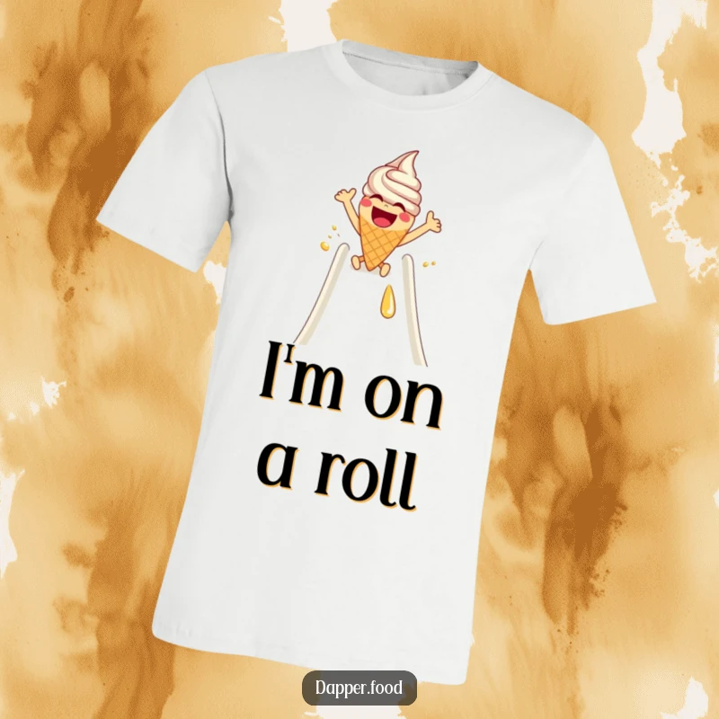 Funny T-Shirt: A laughing ice cream cone with arms joyfully slides down a glossy syrup slide, capturing sweet exhilaration.