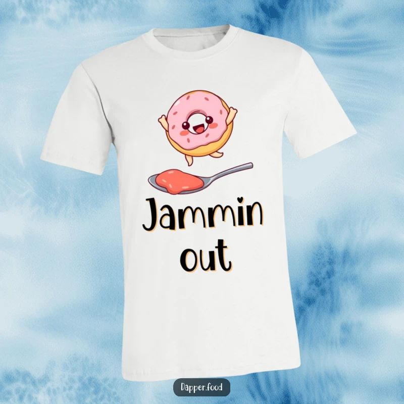 Funny Kawaii donut character joyfully jumping over a spoonful of jam, a humorous t-shirt celebrating sweet treats.