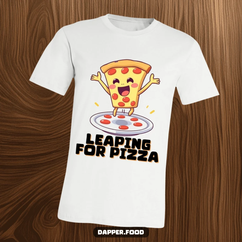 Funny pizza t-shirt depicting a delighted slice of pizza making a dramatic leap from a plate, a fun and cheesy design.