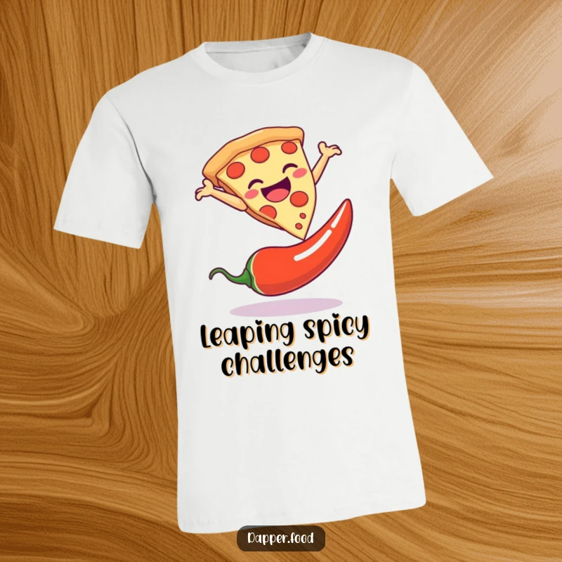 Funny t-shirt with a joyful pizza slice performing a dramatic leap over a chili pepper, capturing a moment of hilarious action.