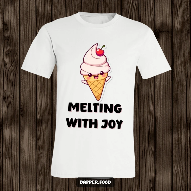 Funny t-shirt of a happy ice cream cone character with a cherry topping sliding, a cool and humorous gift.