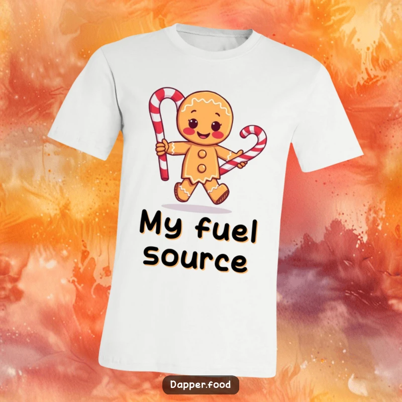 Funny t-shirt with a cheerful gingerbread man character running energetically with a large candy cane, perfect for holiday fun and laughter.
