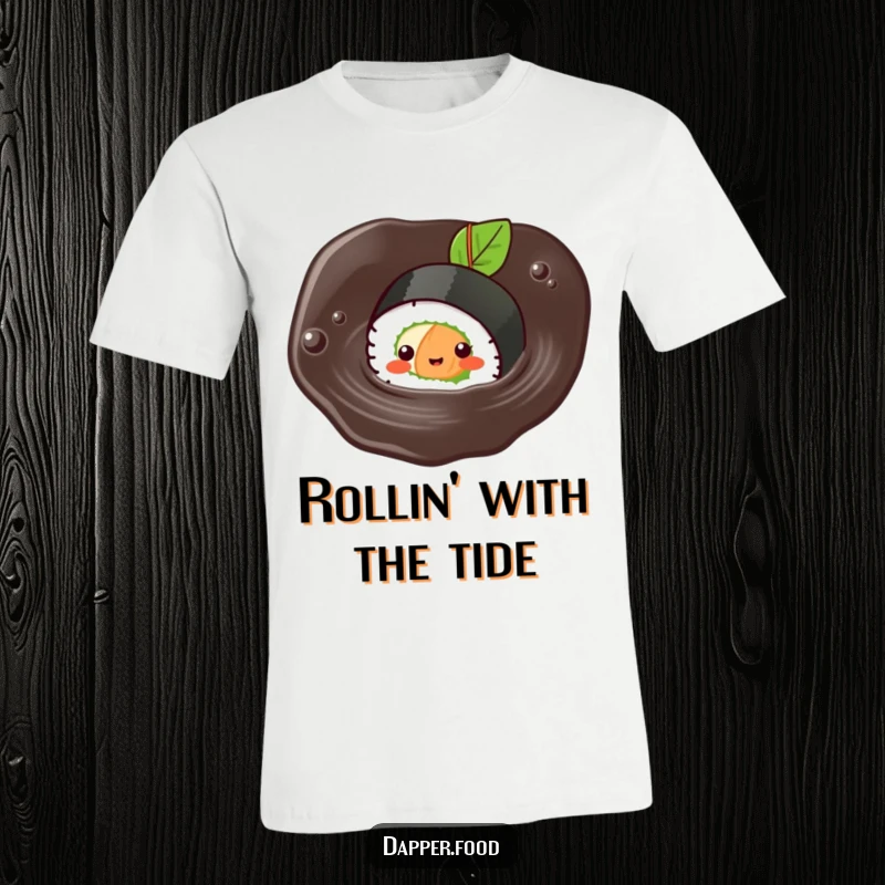 Funny Kawaii sushi t-shirt with a cute sushi roll character joyfully swimming in soy sauce.