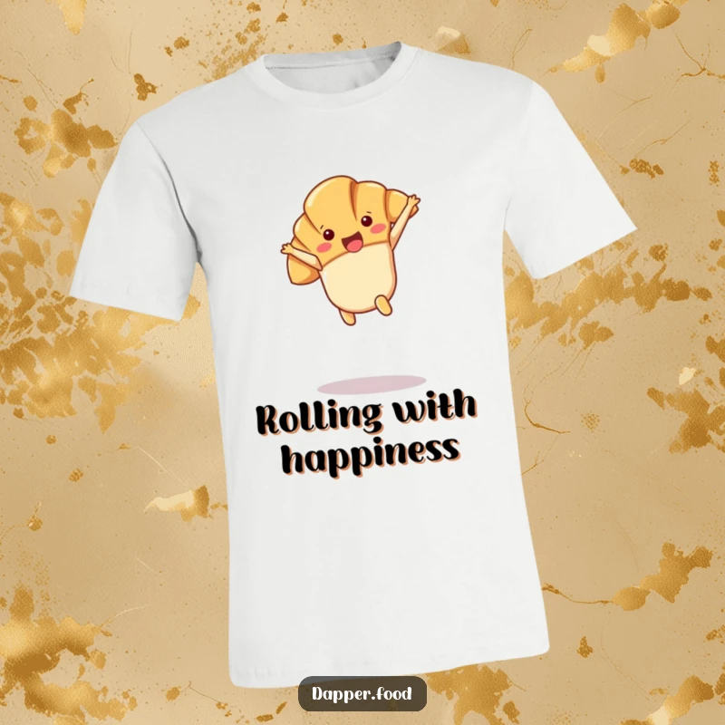 Funny Kawaii croissant character doing a cartwheel in mid-air, featured on a humorous t-shirt.