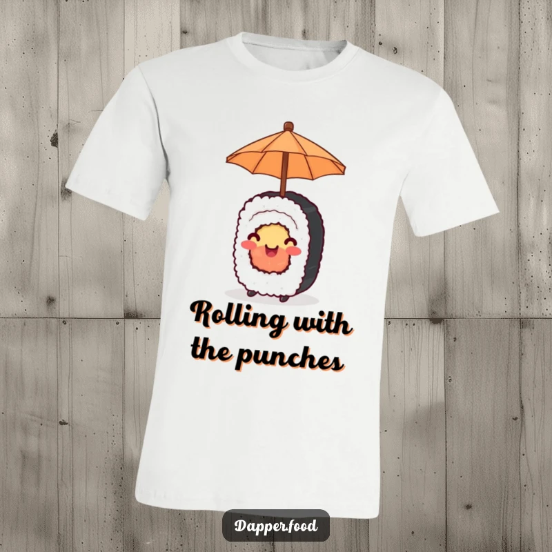 Funny T-Shirt with a happy sushi roll balancing a tiny umbrella over its head, radiating joy and sunshine.