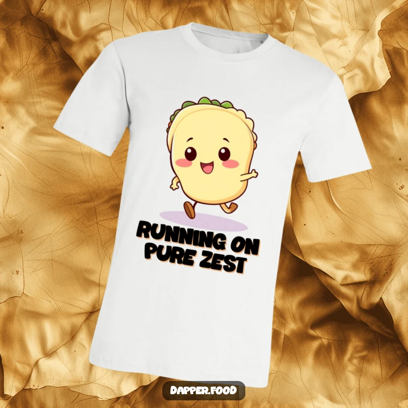 Funny Kawaii taco t-shirt showing a cute taco character with tiny legs running with infectious excitement and joy.