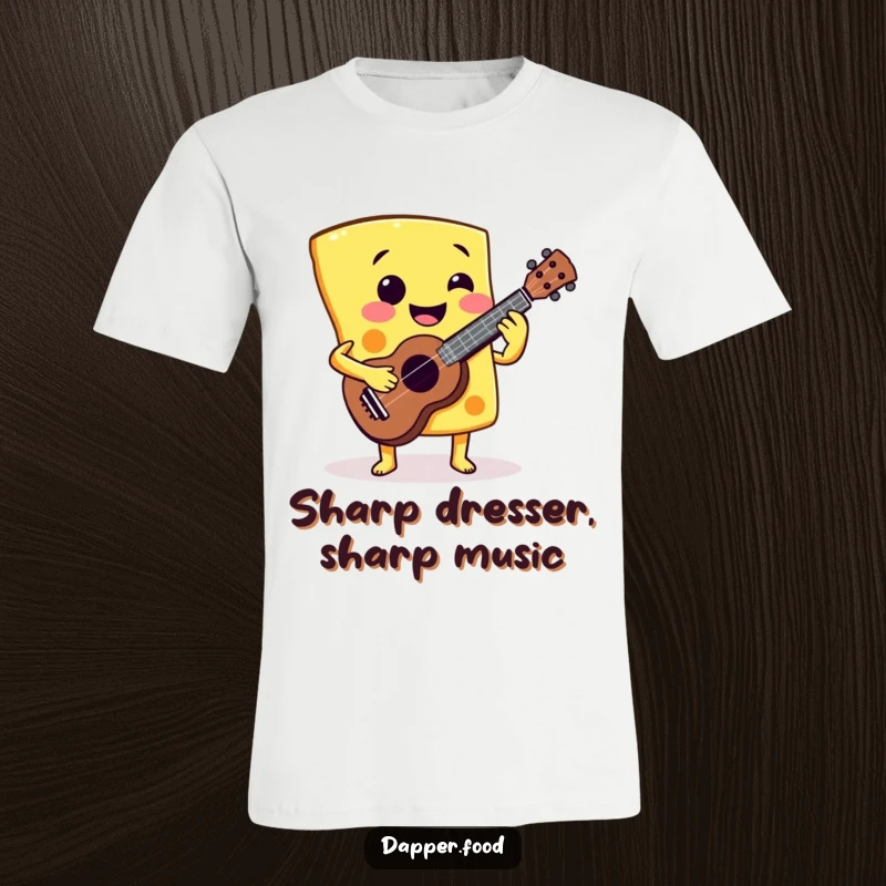 Funny Cheese Ukulele T-Shirt: A smiling cheese slice playing a miniature ukulele, a great funny gift idea.